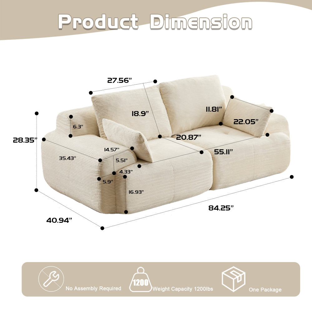 Modern Memory Foam Cloud Sofa | Extra Deep Corduroy Sectional Couch | Customizable Modular Combination | High-Resilience Foam + Bolster Pillows | No Assembly Required | Living Room, Apartment, Bedroom | White/Black — 2 Seat & 3 Seat