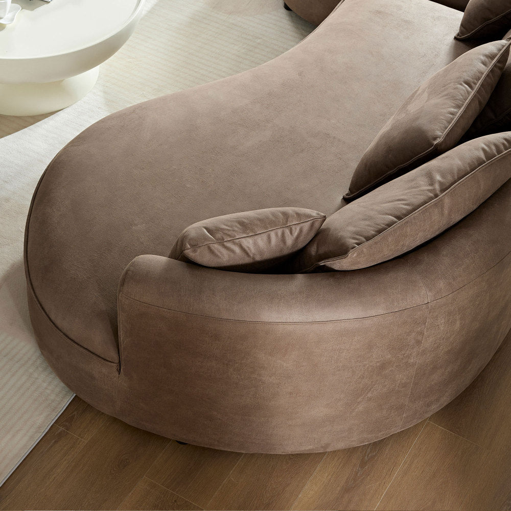 128.74" Modern Curved L-Shape Sectional Sofa | 5-Seat Leathaire Technology Cloth Couch | High-Density Foam + Elastic Spring | 5 Pillows Included | Easy Assembly | Living Room, Apartment, Office | Brown