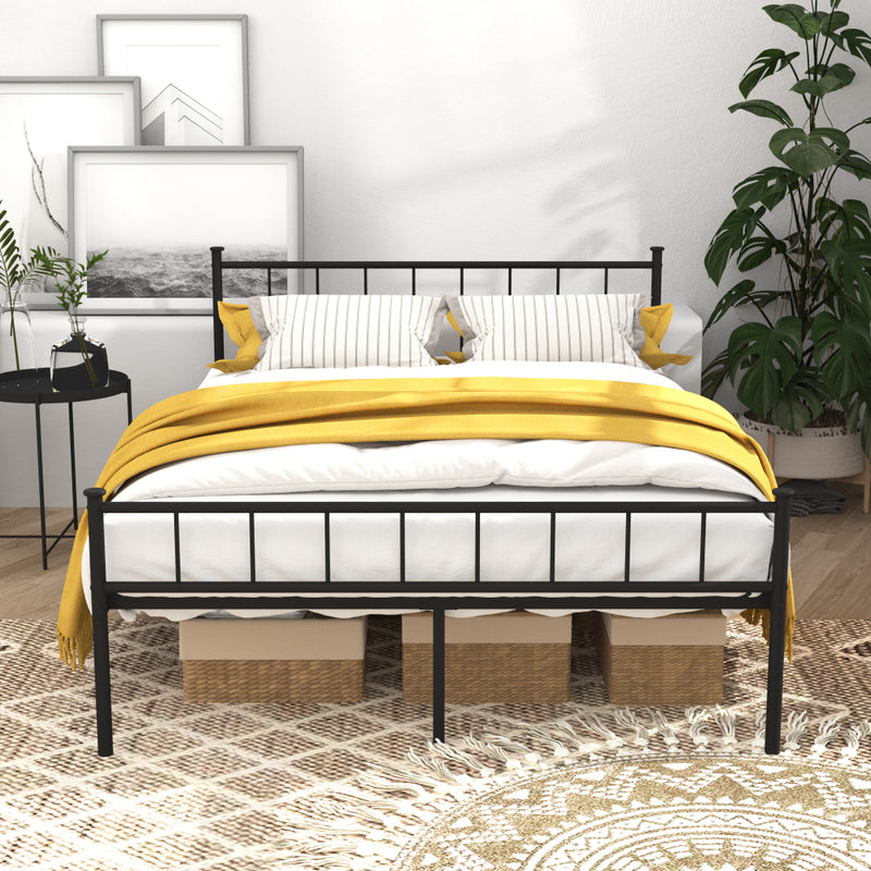 Full/Queen Size Metal Platform Bed Frame | Classic Spindle Headboard & Footboard | Reinforced Sturdy Structure | Ample Under-Bed Storage | No Box Spring Needed | Black