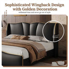 Queen Size PU Leather Wingback Platform Bed | Wave-Shaped Headboard & Footboard | 46.5" Tall Headboard | High-Resilience Sponge Fill | 800 lbs Wood Slats | No Box Spring Needed | Dark Green / Black / Antique Blue