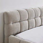 Queen Size Low Profile Platform Bed | Square Tufted Chenille Upholstered | Headboard & Footboard | 500 lbs | No Box Spring Needed | Beige/Dark Gray/Pink/Blue-Green