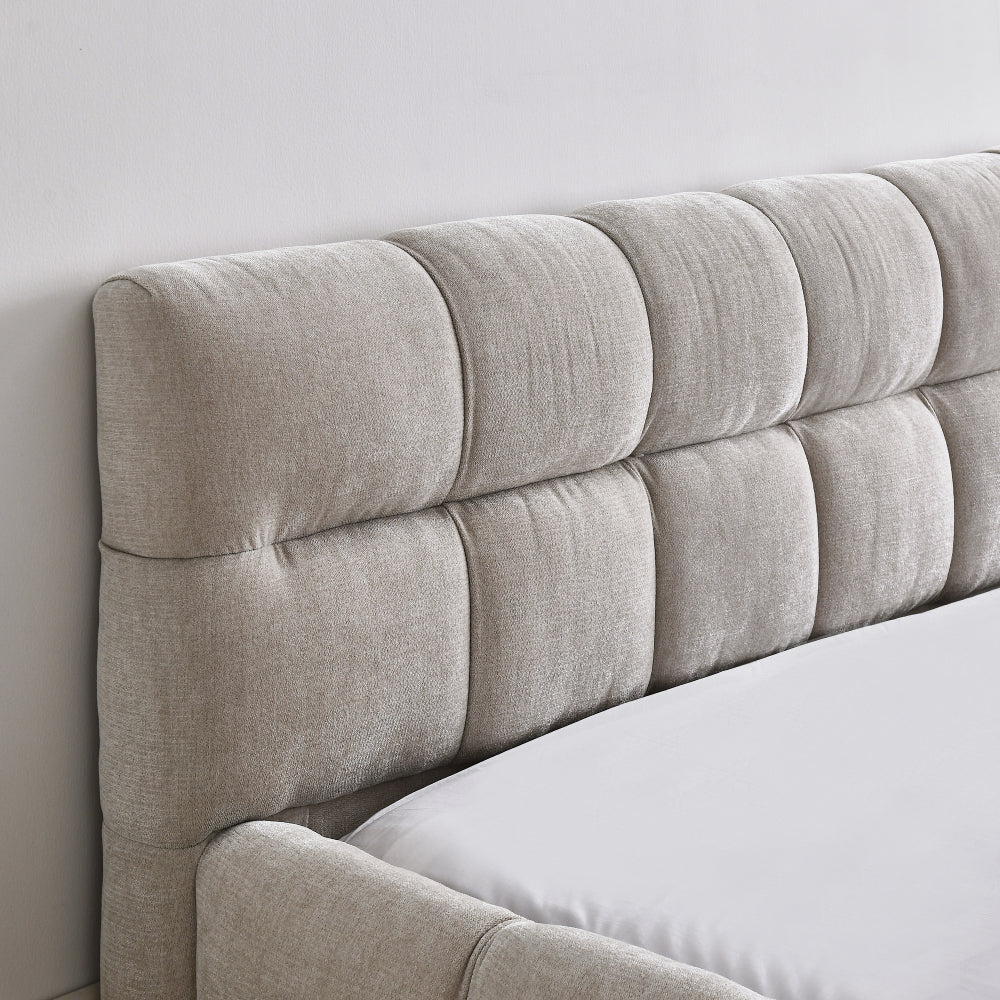 Queen Size Low Profile Platform Bed | Square Tufted Chenille Upholstered | Headboard & Footboard | 500 lbs | No Box Spring Needed | Beige/Dark Gray/Pink/Blue-Green