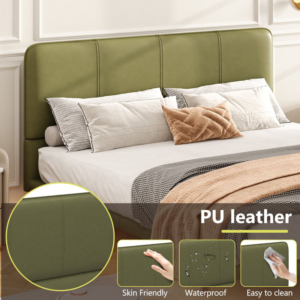 Full Size Floating PU Leather Platform Bed | Remote-Controlled LED Underglow 8 Dynamic Effects | Hidden Foot Design | Strong Wood Beam & Metal Legs | No Box Spring Needed | Easy Assembly | Green / Coffee