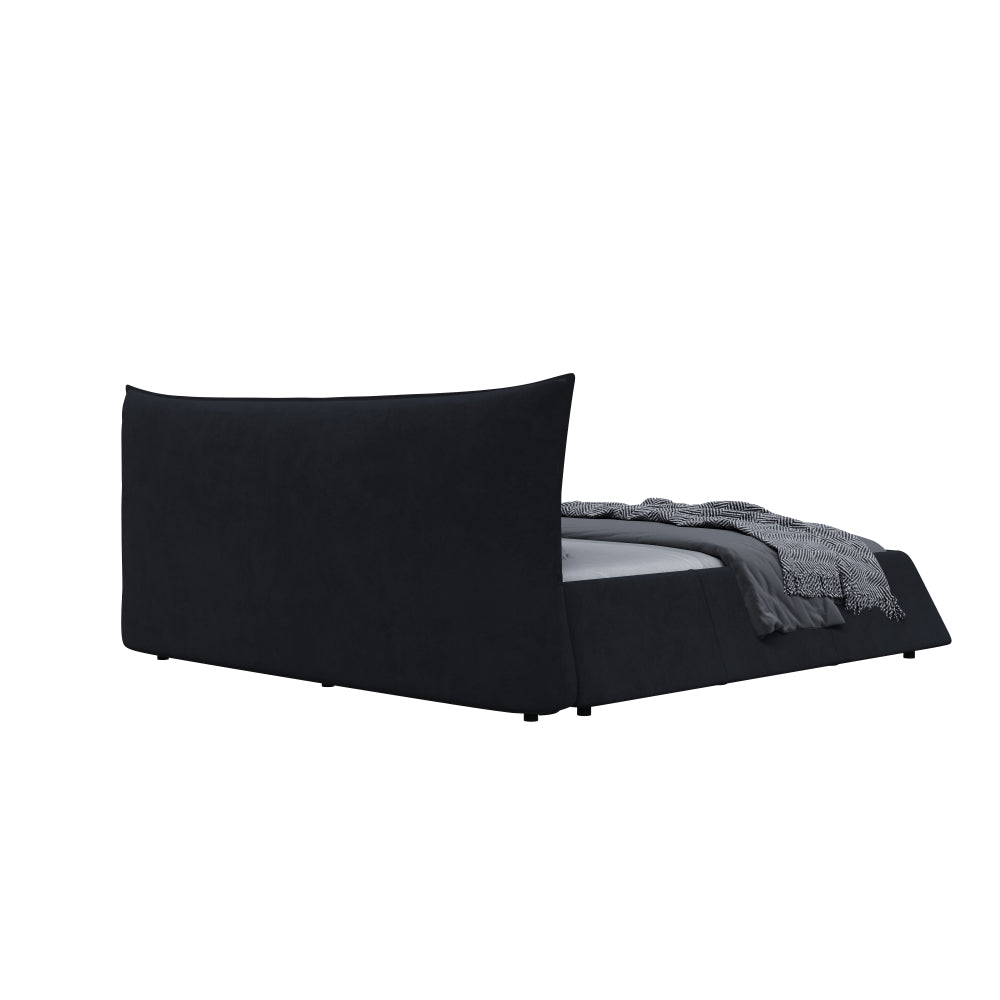 Queen/King Size Velvet Upholstered Platform Bed | Oversized Trapezoid Headboard | 1000 lbs | Pine Wood & Iron Frame | 24 Slats | No Box Spring | White/Black