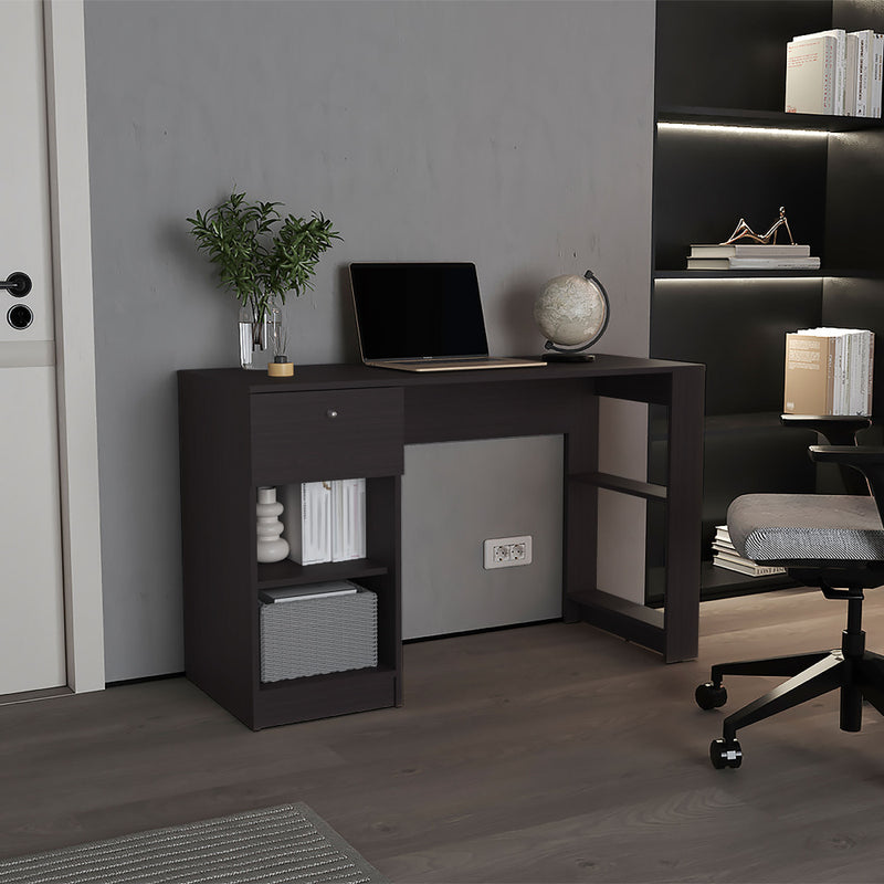 47" Modern Writing Desk with 1 Drawer + 4 Side Shelves | Generous Leg Clearance | Clean Minimalist Design | Sturdy Particle Board | Home Office, Living Room, Gaming Room | White/Black