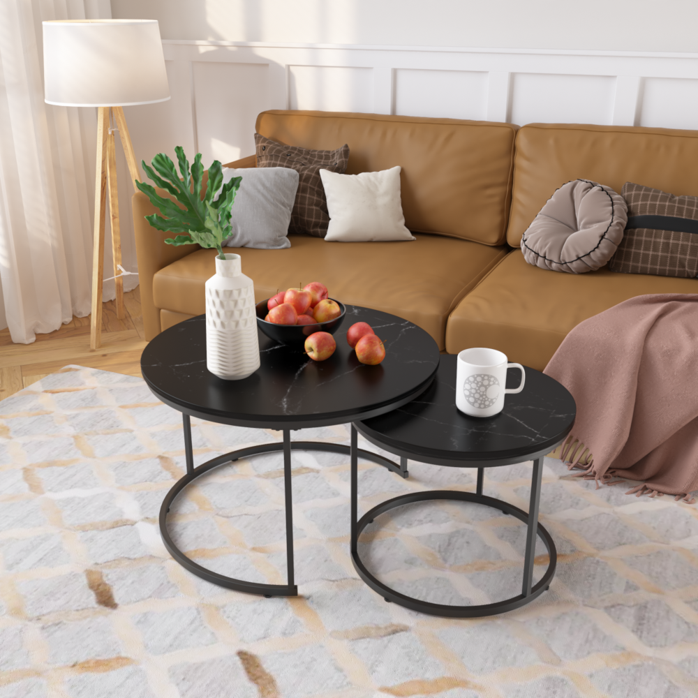 27.6" Nesting Coffee Table Set of 2 | Round Marble Pattern Wood Top | Sturdy Metal Frame | Space-Saving Stackable Design | Living Room, Bedroom, Balcony, Yard | Black/White/Brown