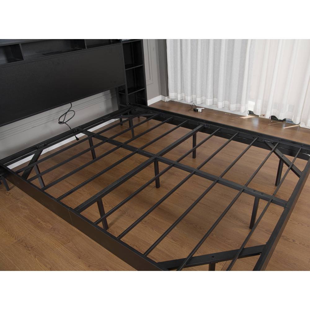 Full/Twin Size Floating Platform Bed | Bookcase Storage Headboard with LED Lights | 2 Outlets 1 USB 1 Type-C Charging | 4-Tier Side Shelves | 1000 lbs Heavy Duty Metal | No Box Spring | Black