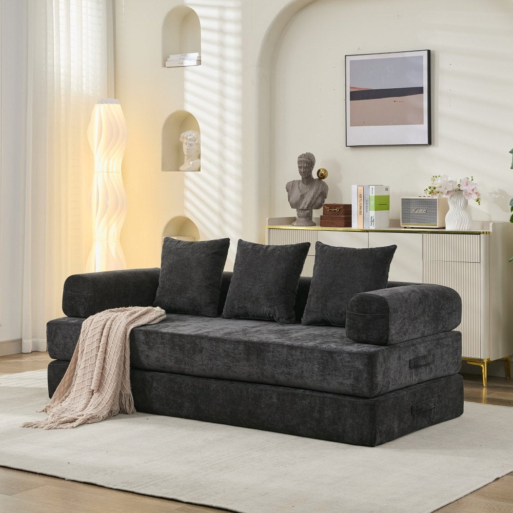 78.8" Convertible Folding Floor Sofa Bed | Chenille Couch with Foldable Armrests | Sponge + Spring Support | 3-Tiered Space-Saving Design | Free Pillows Included | Anti-Slip Base | No Assembly | Living Room, Bedroom, Studio | Green/Beige/Blue/Gray/Or
