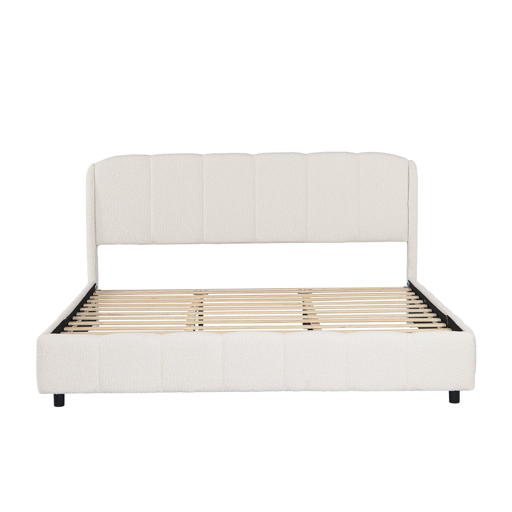 Queen/King Size Boucle Upholstered Platform Bed | Curved Rounded Headboard | Solid Plywood & Steel Frame | Plush Looped Yarn Fabric | No Box Spring Needed | 30-Min Easy Assembly | Beige