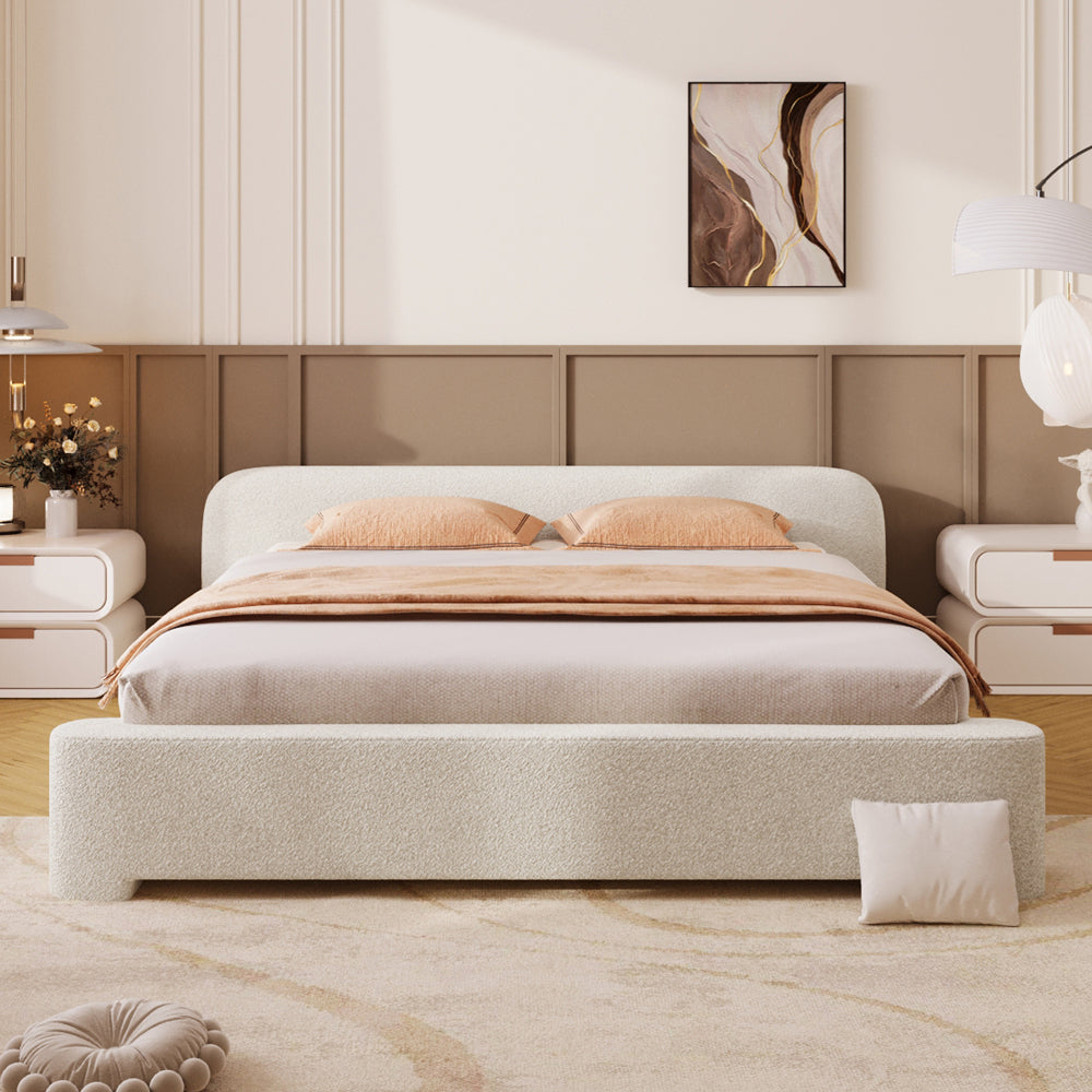 White Boucle Upholstered Low Profile Platform Bed | Birch & Engineered Hardwood Frame | 400-600 lbs | No Box Spring Needed | Full / Queen / King