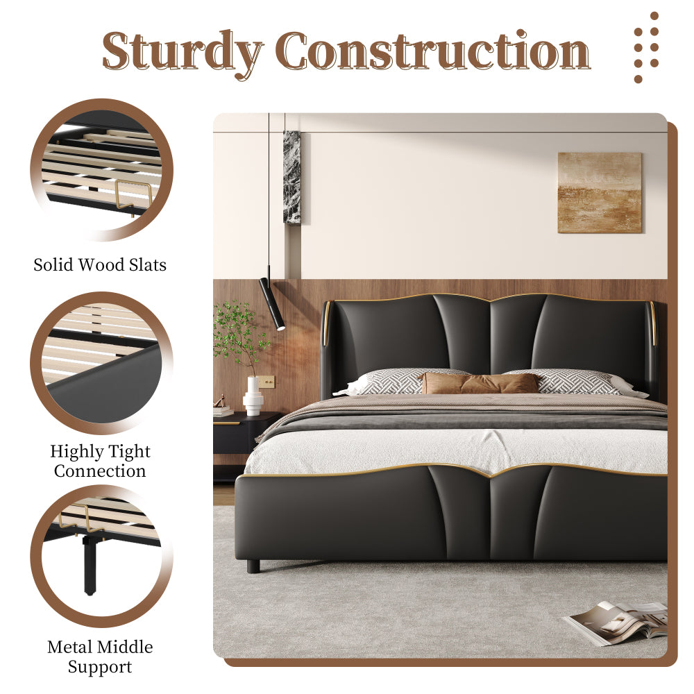 Queen Size PU Leather Wingback Platform Bed | Wave-Shaped Headboard & Footboard | 46.5" Tall Headboard | High-Resilience Sponge Fill | 800 lbs Wood Slats | No Box Spring Needed | Dark Green / Black / Antique Blue