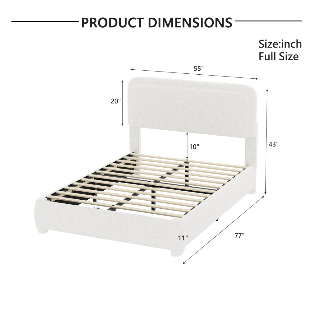 Full/Queen Size Boucle Platform Bed | Adjustable Curved Cloud Headboard 41"-43" | Foam Filled | Rounded Corner Protection | Low Profile | No Box Spring Needed | White