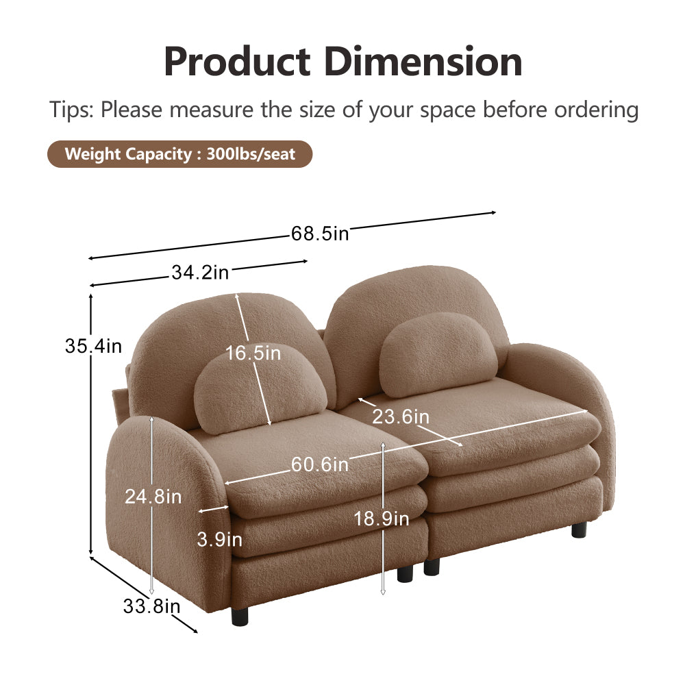2-Seat Modular Teddy Fabric Cloud Sofa | Curved Backrest & Armrest | Double-Layer Cushion | Vintage Color Options | Precision Screw Connectors | Easy Assembly | Beige White / Green / Orange / Caramel