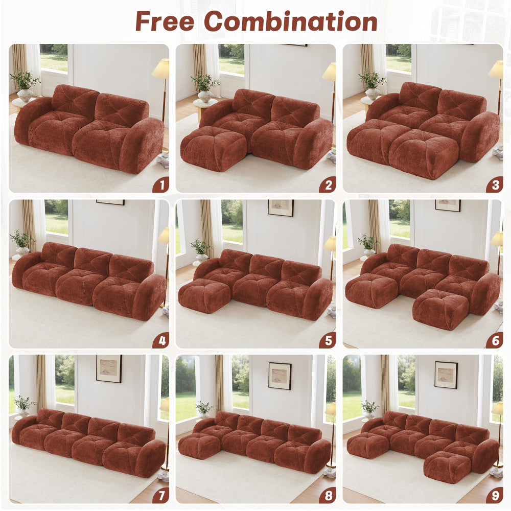 2-Piece Modular Cloud Sofa Set | 2+2 Deep-Seat Velvet Couch | 32D High-Density Boneless Foam | Retro Tufted Rounded Design | Flexible Layout | No Assembly Required | Living Room, Apartment | Camel/Red/Green/Blue