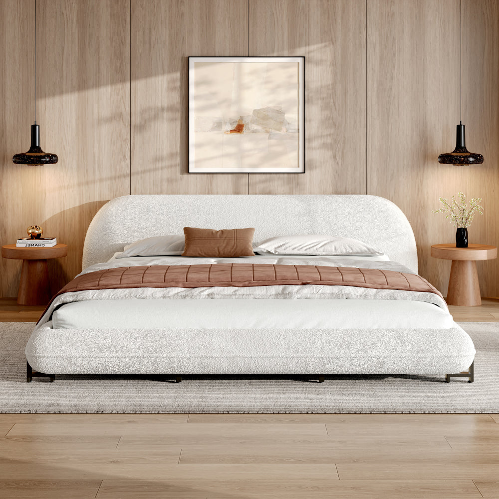 Queen/King Size Boucle Upholstered Platform Bed | Thick Curved Headboard | Solid Wood Center Legs & Dual Steel Outer Legs | 500 lbs | Embedded Structure | No Box Spring Needed | White