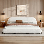 Queen/King Size Boucle Upholstered Platform Bed | Thick Curved Headboard | Solid Wood Center Legs & Dual Steel Outer Legs | 500 lbs | Embedded Structure | No Box Spring Needed | White