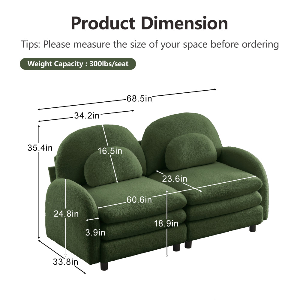 2-Seat Modular Teddy Fabric Cloud Sofa | Curved Backrest & Armrest | Double-Layer Cushion | Vintage Color Options | Precision Screw Connectors | Easy Assembly | Beige White / Green / Orange / Caramel