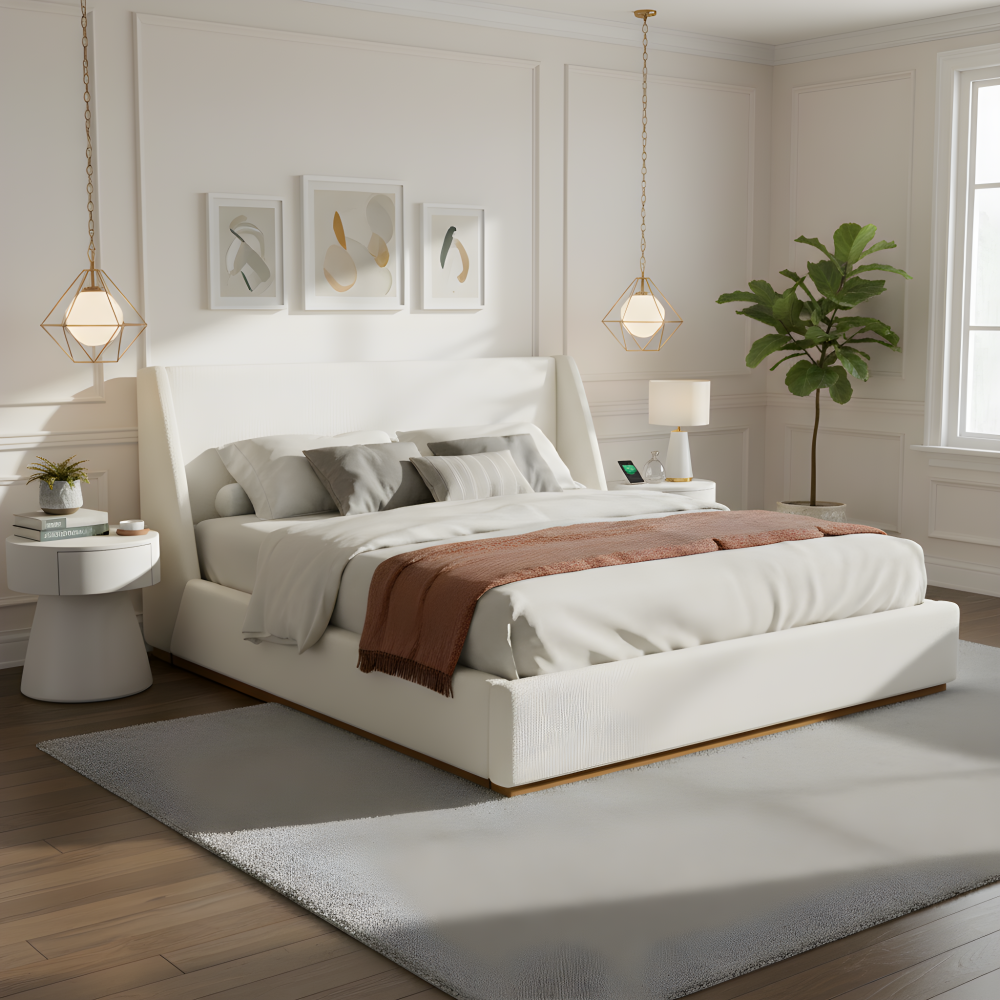 Queen/King Size Luxury Wingback Platform Bed | Splash-Resistant Boucle Fabric | High-Elasticity Foam Padding | Solid Rubberwood Frame | 800 lbs | No Box Spring Needed | White