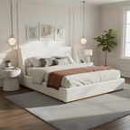 Queen/King Size Luxury Wingback Platform Bed | Splash-Resistant Boucle Fabric | High-Elasticity Foam Padding | Solid Rubberwood Frame | 800 lbs | No Box Spring Needed | White