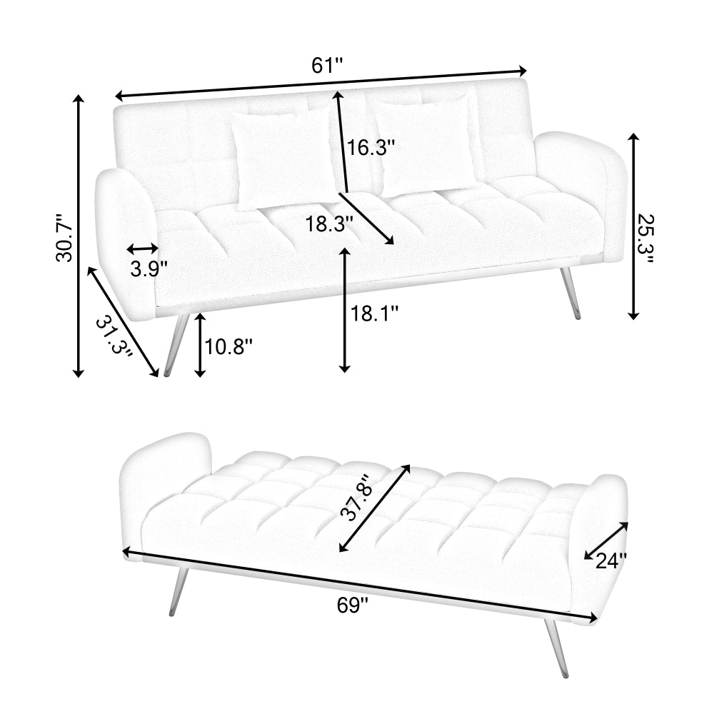 69" Soft Teddy Fleece Convertible Sofa Bed | 3-Speed Adjustable Backrest | Wide Detachable Armrests | Solid Wood + Metal Frame | Multifunctional Couch for Living Room, Bedroom, Small Space | Pink/Beige/Gray/Green