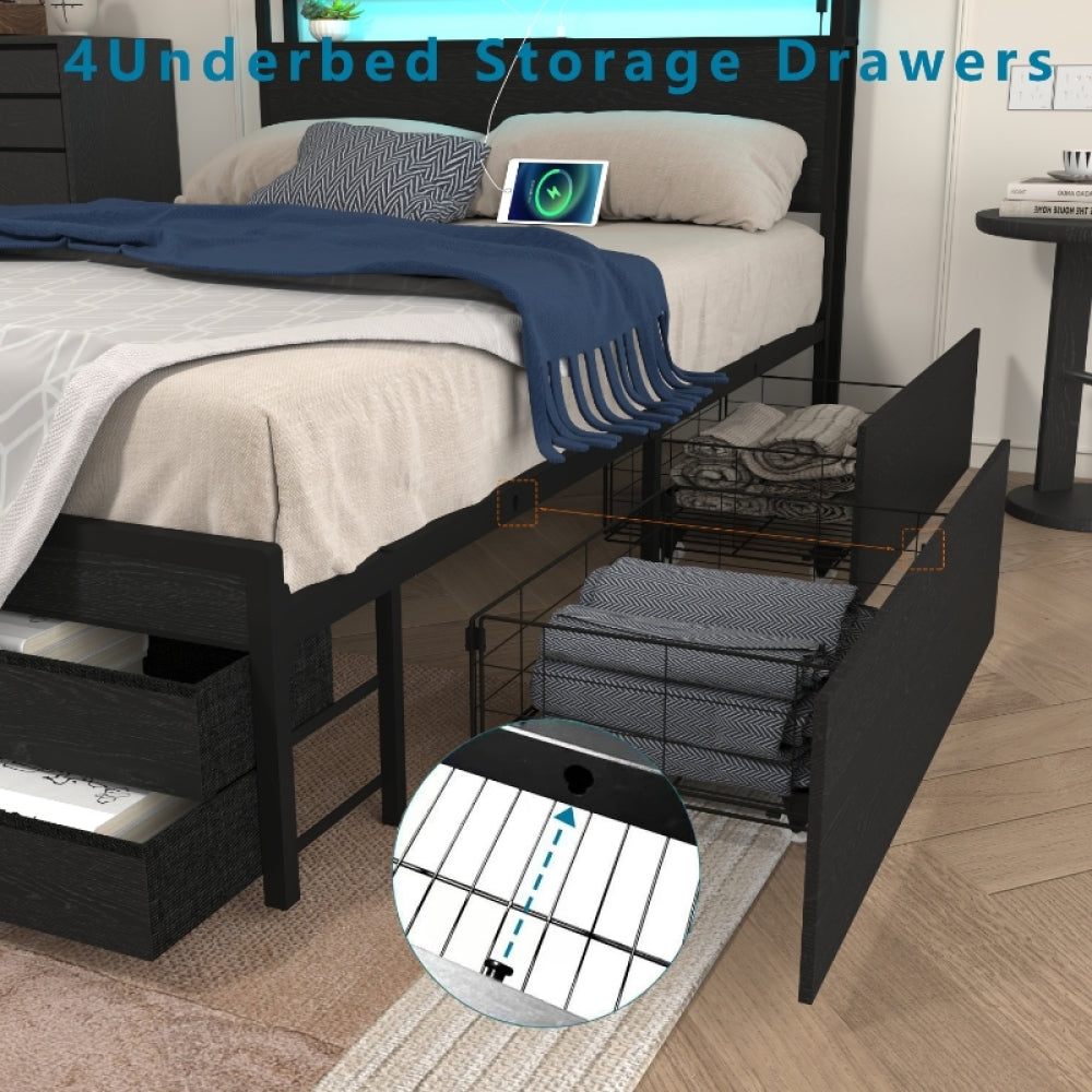 Twin/Full/Queen Size Metal Platform Bed with 4 Storage Drawers | Headboard Charging Station 2 Outlets & 2 USB | 16 RGB LED Lights 60000+ Colors | Heavy Duty Steel Slats | No Box Spring Needed | Black