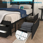 Twin/Full/Queen Size Metal Platform Bed with 4 Storage Drawers | Headboard Charging Station 2 Outlets & 2 USB | 16 RGB LED Lights 60000+ Colors | Heavy Duty Steel Slats | No Box Spring Needed | Black