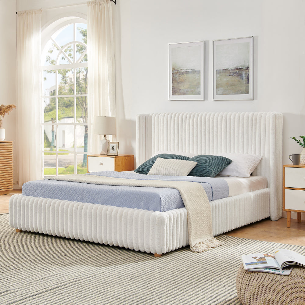 Queen/King Size Gas Lift Storage Bed | Vertical Striped Rabbit Fur Upholstered | Hydraulic Under-Bed Storage | 500 lbs | Eucalyptus Wood Frame | Silent Mechanism | Easy Assembly | Beige