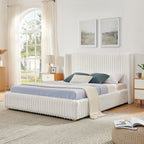 Queen/King Size Gas Lift Storage Bed | Vertical Striped Rabbit Fur Upholstered | Hydraulic Under-Bed Storage | 500 lbs | Eucalyptus Wood Frame | Silent Mechanism | Easy Assembly | Beige