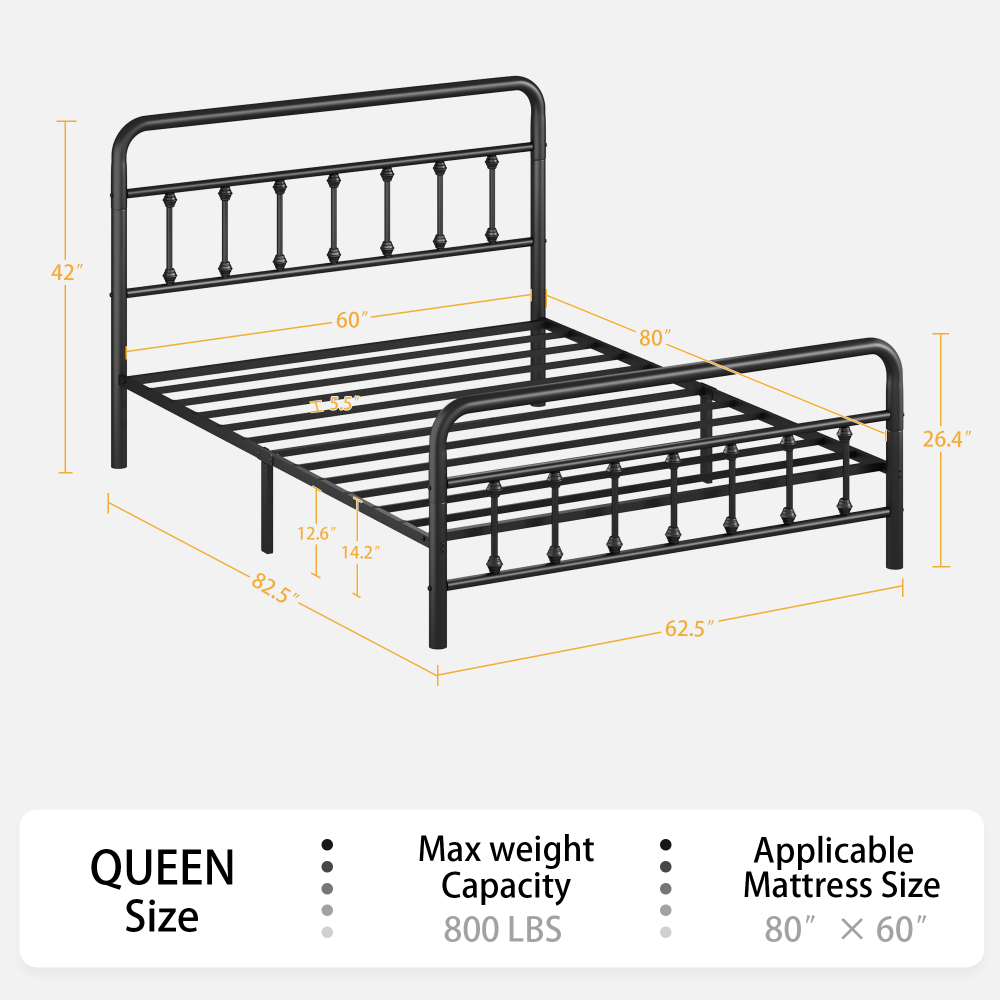 Twin/Full/Queen Size Metal Platform Bed Frame | Classic Spindle Headboard & Footboard | Reinforced Sturdy Structure | Ample Under-Bed Storage | No Box Spring Needed | Black/Charcoal Gray/White