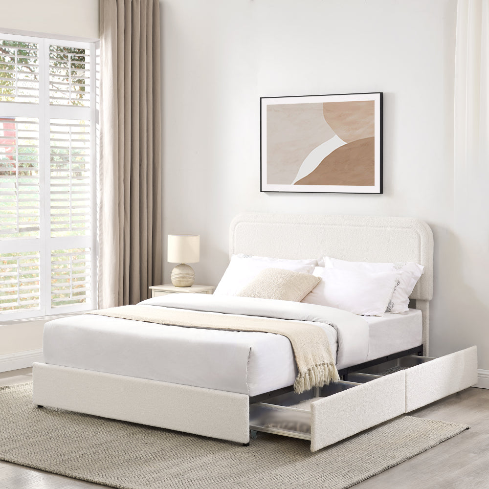 Queen Platform Storage Bed with 4 Built-In Drawers | Curved Tufted Boucle Headboard | Powder-Coated Metal Frame | 1000 lbs Capacity | Wooden Slats | Ivory