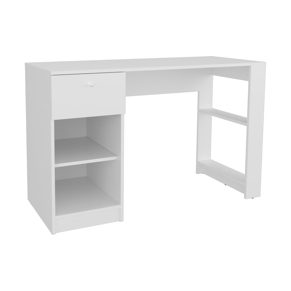 47" Modern Writing Desk with 1 Drawer + 4 Side Shelves | Generous Leg Clearance | Clean Minimalist Design | Sturdy Particle Board | Home Office, Living Room, Gaming Room | White/Black
