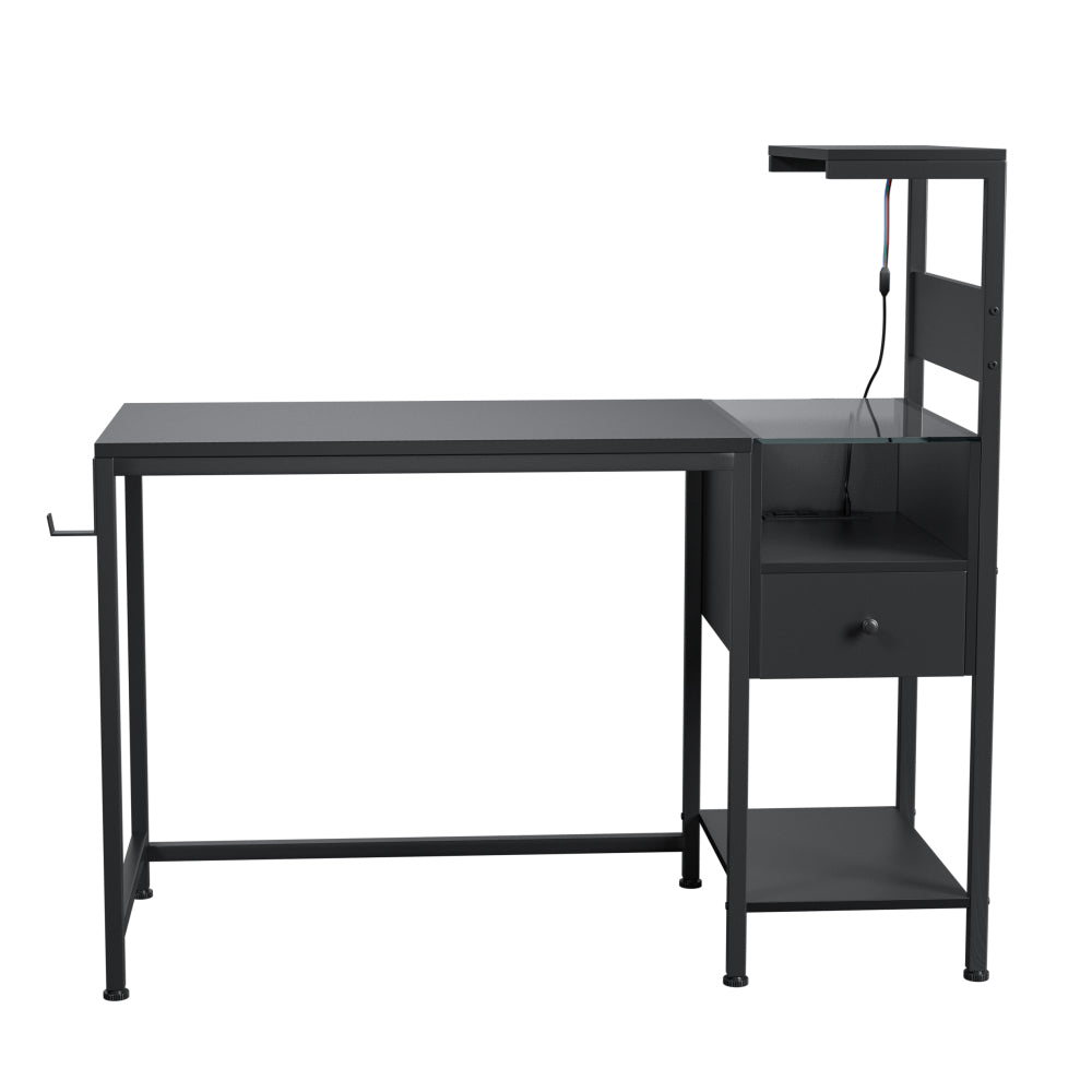 Computer Desk with Power Outlet & USB Charging Station — 48" Gaming Desk with RGB LED Lights | 4-Tier Reversible Storage Shelves & Drawer | Headphone Hooks | Sturdy Metal Frame | Home Office, Study, PC Workstation | Black/Brown