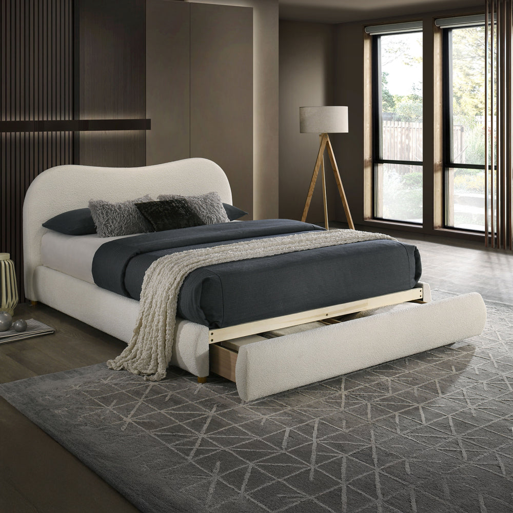 Queen Size Boucle Upholstered Platform Bed | Curved Cloud Headboard & Footboard Storage Drawer | Solid & Engineered Wood | Contemporary Style