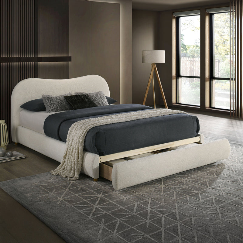 Queen Size Boucle Upholstered Platform Bed | Curved Cloud Headboard & Footboard Storage Drawer | Solid & Engineered Wood | Contemporary Style