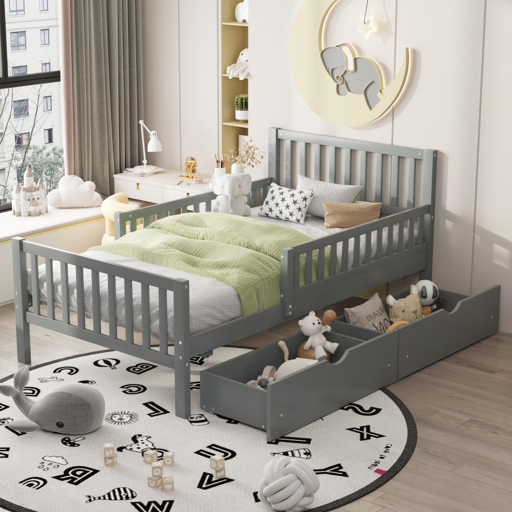 Wood Platform Bed with Guardrails on Both Sides