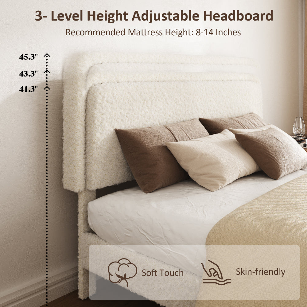 Full/Queen/King Size Teddy Bear Plush Platform Bed | 3-Level Adjustable Headboard | EVA Silent Slats | Heavy Duty Metal Frame | No Box Spring | Easy Assembly | Beige