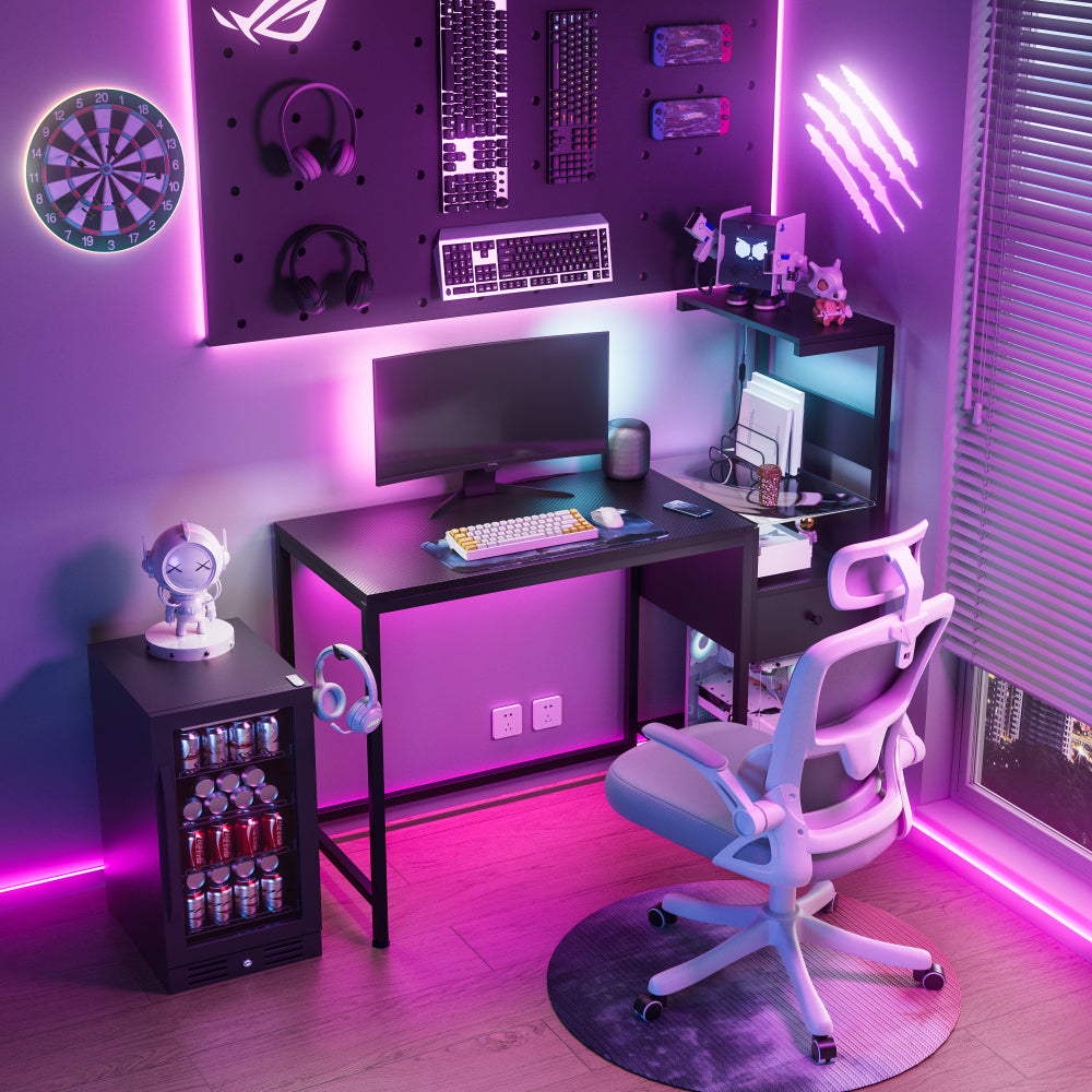 Computer Desk with Power Outlet & USB Charging Station — 48" Gaming Desk with RGB LED Lights | 4-Tier Reversible Storage Shelves & Drawer | Headphone Hooks | Sturdy Metal Frame | Home Office, Study, PC Workstation | Black/Brown