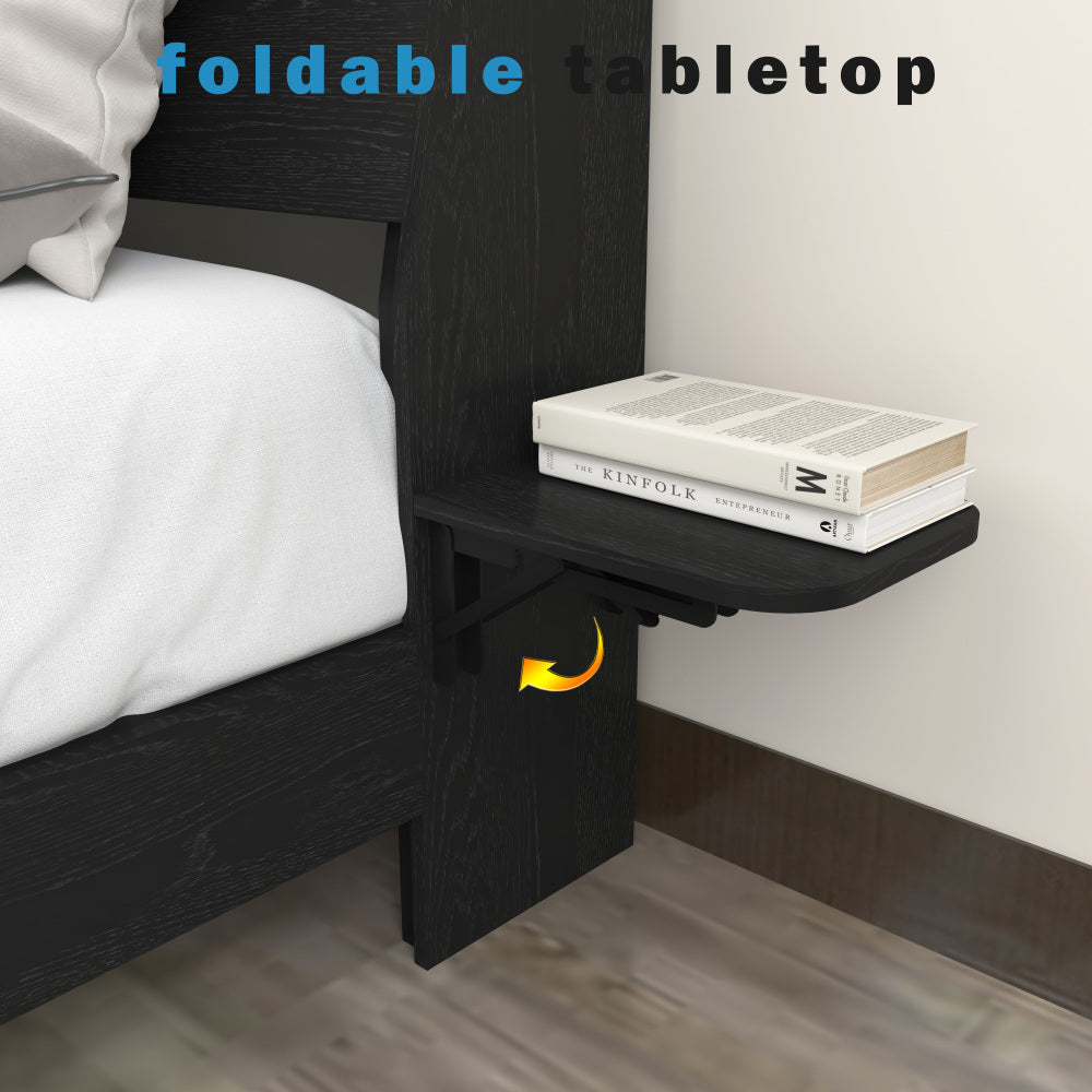 Full/Queen Size Wood Platform Bed with Bookshelf Storage Headboard | 2 Drawers | 2 AC Outlets 1 USB 1 Type-C Charging Station | 60,001 Color LED Lights APP Control | No Box Spring | Brown/Black/Walnut