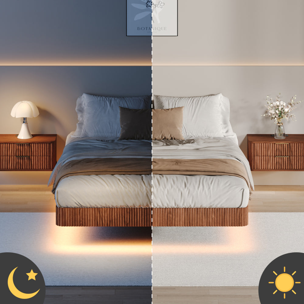Oak King Floating Bed Frame with LED Lights, Wave Curve Wood Texture Bed with Heavy Duty Metal Slats - No Box Spring Needed.