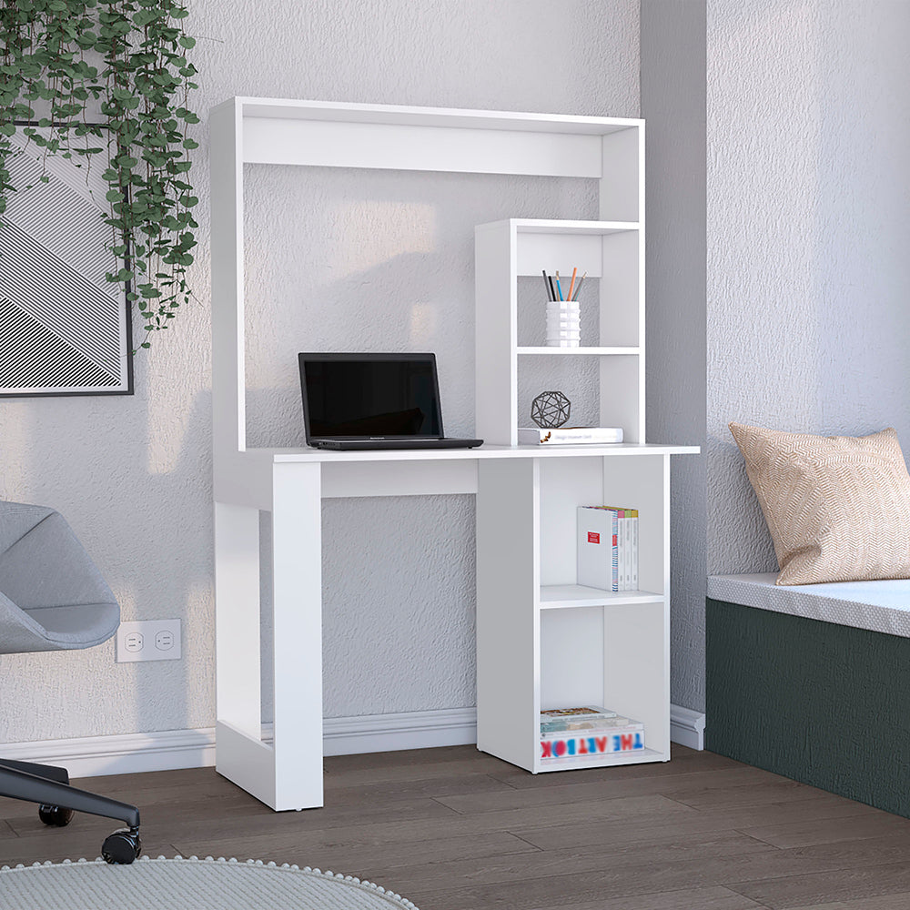 38.8" Modern Computer Desk with Hutch & Multiple Shelves | Spacious Work Surface | Compact Storage-Rich Design | Engineered Wood + Particle Board | Home Office, Student Room, Small Apartment | White/Black