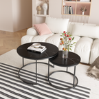 27.6" Nesting Coffee Table Set of 2 | Round Marble Pattern Wood Top | Sturdy Metal Frame | Space-Saving Stackable Design | Living Room, Bedroom, Balcony, Yard | Black/White/Brown
