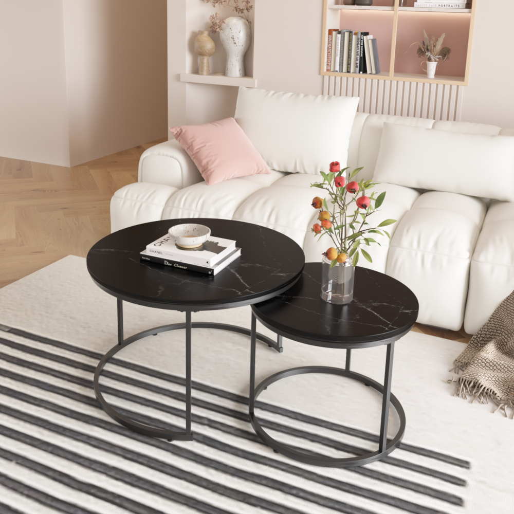 27.6" Nesting Coffee Table Set of 2 | Round Marble Pattern Wood Top | Sturdy Metal Frame | Space-Saving Stackable Design | Living Room, Bedroom, Balcony, Yard | Black/White/Brown