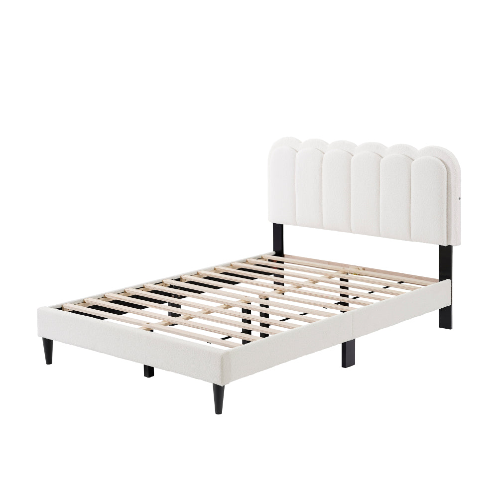 Full/Queen Size Boucle Platform Bed | Petal-Shaped Scalloped Headboard | Built-In Ambient Bedside Light | Rubberwood Legs | Silent Frame Design | No Box Spring Needed | White/Cream