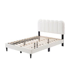 Full/Queen Size Boucle Platform Bed | Petal-Shaped Scalloped Headboard | Built-In Ambient Bedside Light | Rubberwood Legs | Silent Frame Design | No Box Spring Needed | White/Cream