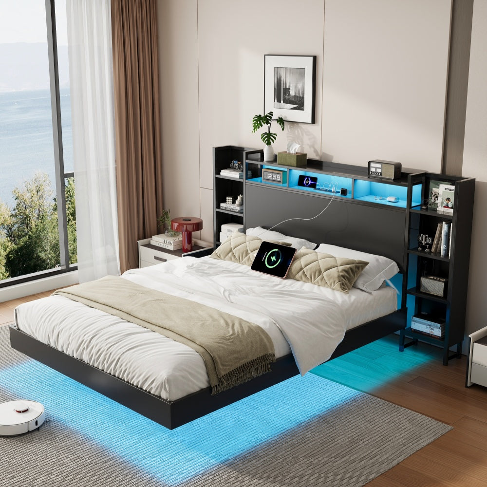 Full/Twin Size Floating Platform Bed | Bookcase Storage Headboard with LED Lights | 2 Outlets 1 USB 1 Type-C Charging | 4-Tier Side Shelves | 1000 lbs Heavy Duty Metal | No Box Spring | Black
