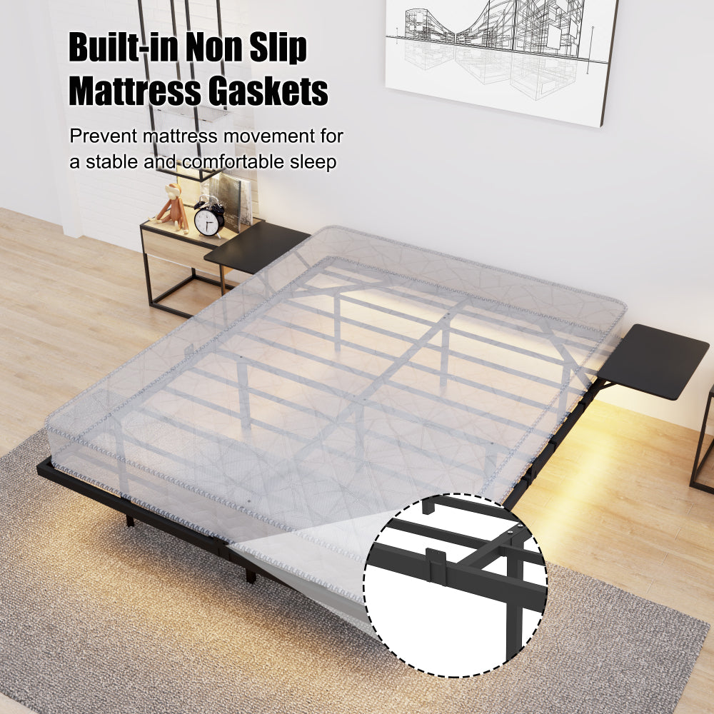 Full/Queen Size Heavy Duty Metal Platform Bed | 2 Bedside Shelves | LED Light | Reinforced Steel Slats | 800 lbs | Under-Bed Storage | No Box Spring Needed | Black
