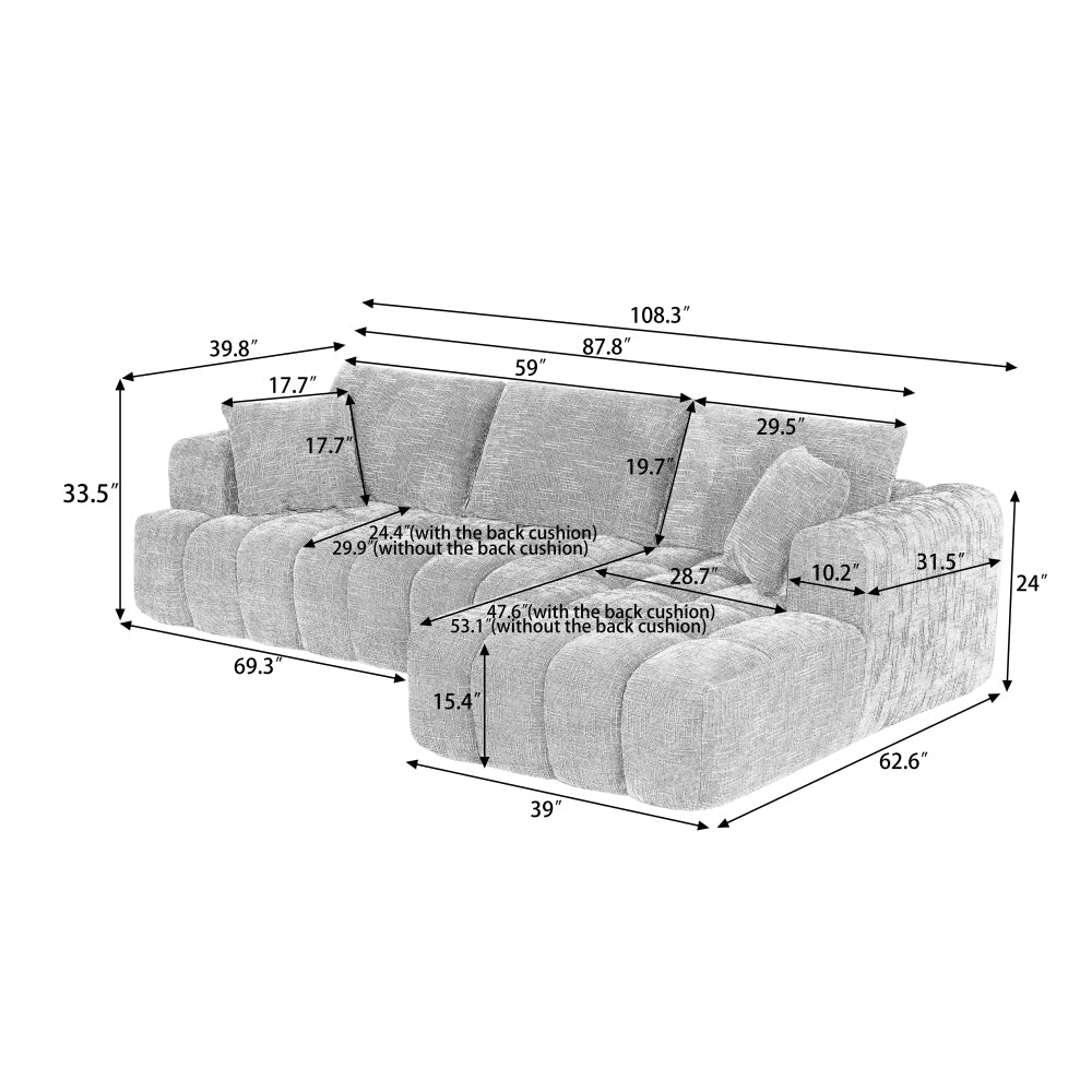 108" Luxury Chenille L-Shape Sectional Sofa | 4-Seat Oversized Couch | Tufted Surface | Sponge + Pocket Spring Support | Right Hand Facing | No Assembly Required | Living Room, Apartment, Reception | Dark Blue/Orange/Khaki/Brown/Dark Green/Dark Gray