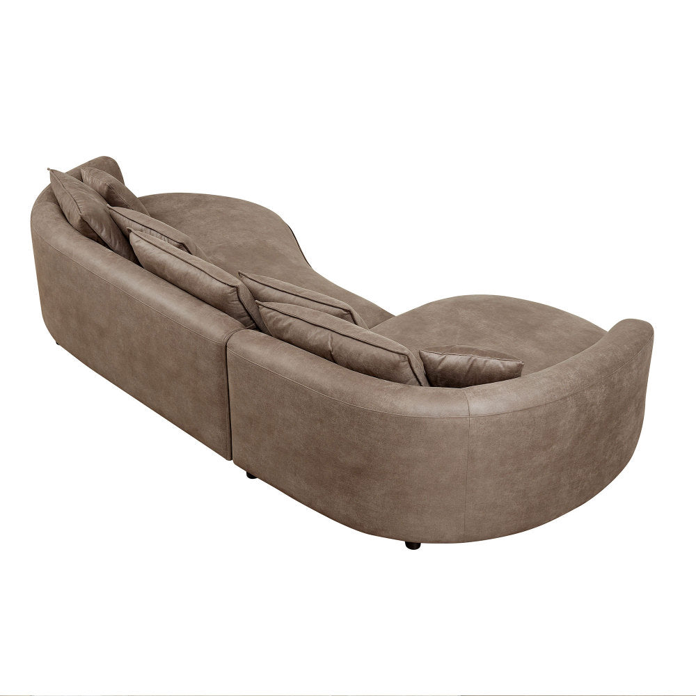 128.74" Modern Curved L-Shape Sectional Sofa | 5-Seat Leathaire Technology Cloth Couch | High-Density Foam + Elastic Spring | 5 Pillows Included | Easy Assembly | Living Room, Apartment, Office | Brown