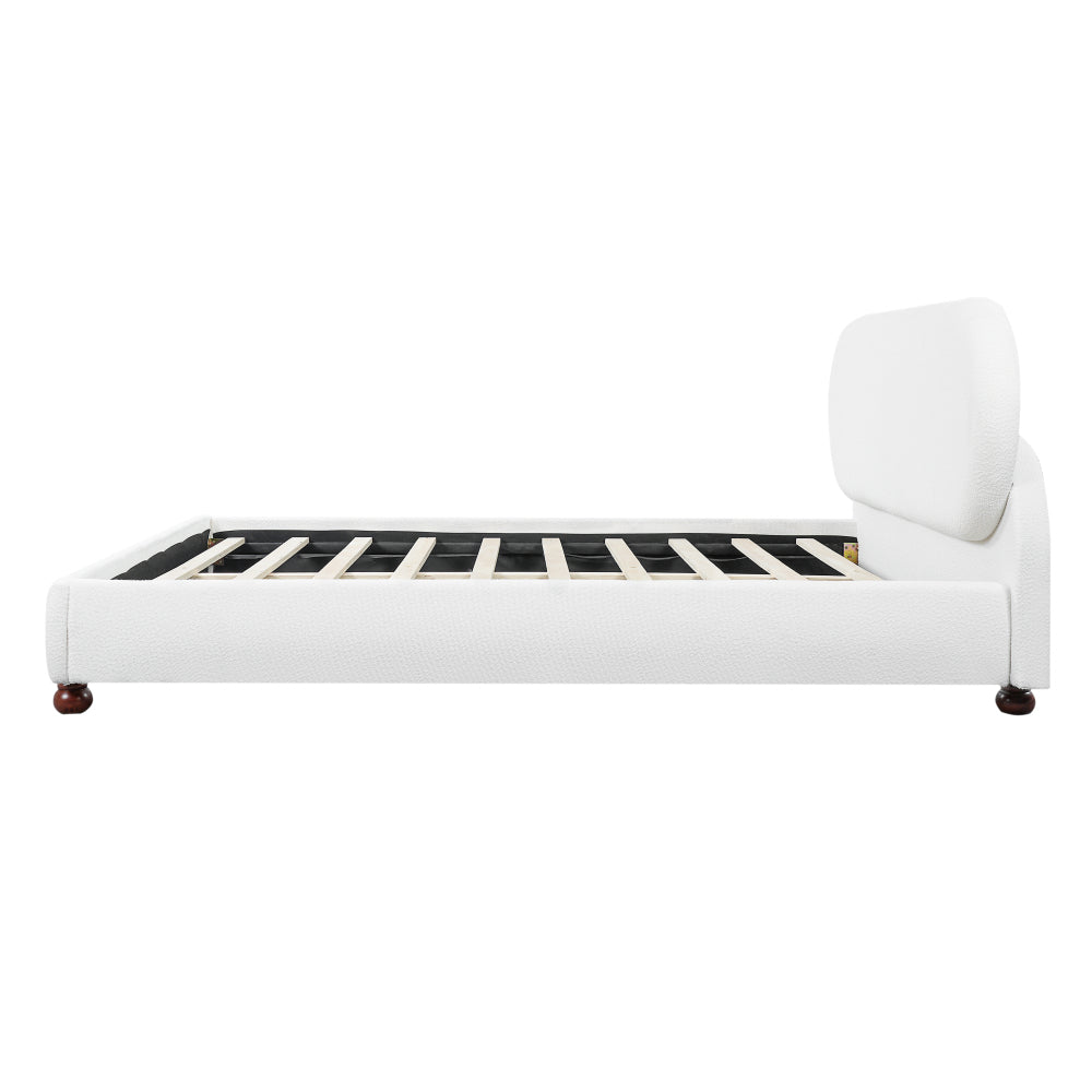 Queen/King Size Cream Boucle Upholstered Platform Bed | Smooth Curved Design | Gourd-Shaped Rubberwood Legs | 800 lbs Heavy Duty | No Box Spring Needed | 30-40 Min Assembly | White/Cream