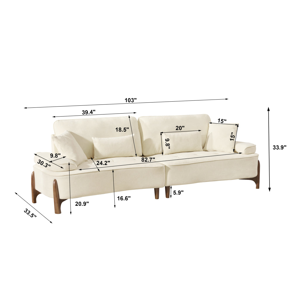 103" Deep Seat 3-Seater Sofa | 24" Extra Deep Cushions | Cloud Velvet Polyester Fabric | Solid Eucalyptus Frame & Wood Legs | 4 Pillows Included | 600 lbs | Pillow Top Arms | Beige / Green / Brick Red